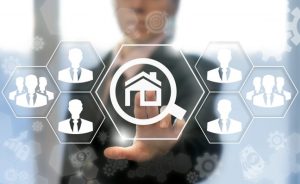 Real estate business search buy house for sale security web building concept. Construction architecture magnifier social network insurance realtor technology