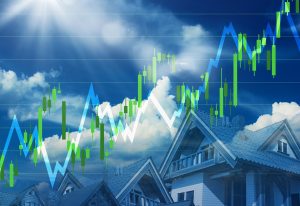 Real Estate and Conctruction Market Going Up. Bright Sunny Real Estate and Economy Concept 3D Illustration.